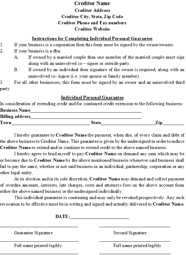 Personal Guaranty Form List - The Kaplan Group